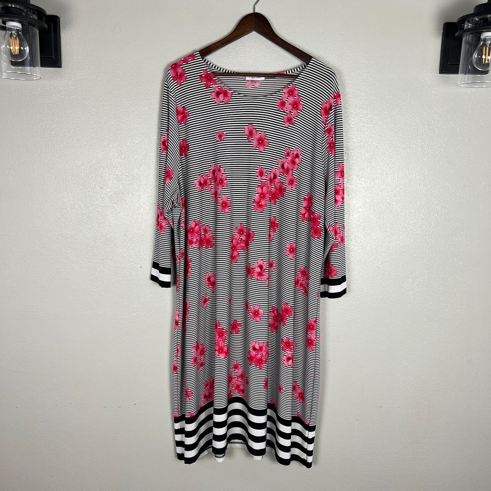 CALVIN KLEIN Dress Womens 3X Black White Pink Striped Floral Shift‎ 3/4 Sleeve
